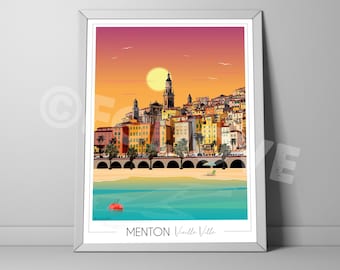 Menton Reiseposter, Cote d&#39;Azur Poster, Reiseposter, Vintage Poster, Französische Riviera, Wandkunst, Geschenk, Dekoration, Stadtposter
