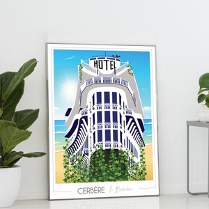 May include: A vintage-style illustration of a white building with blue accents and the word "HOTEL" on the roof. The building is surrounded by green vines and is set against a blue sky with a sun shining in the background. The text "CERB&Egrave;RE Le Baldaquin" is at the bottom of the image.