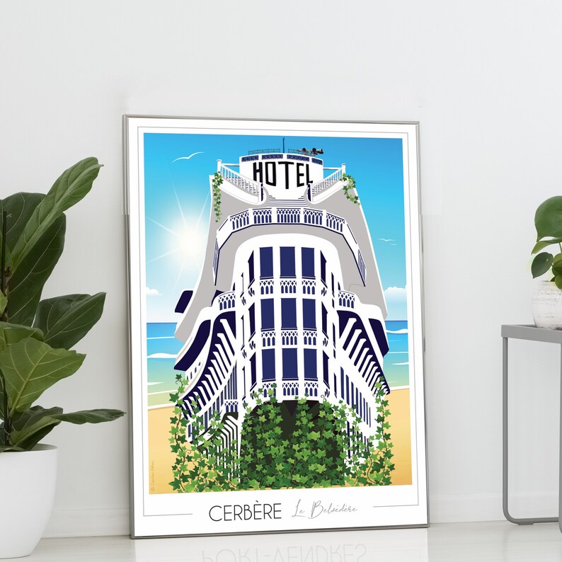 May include: A vintage-style illustration of a white building with blue accents and the word "HOTEL" on the roof. The building is surrounded by green vines and is set against a blue sky with a sun shining in the background. The text "CERB&Egrave;RE Le Baldaquin" is at the bottom of the image.