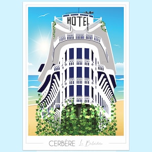 May include: A white and blue building with the word "HOTEL" on the top. The building is surrounded by green vines and is located on a beach with a blue sky and sun.