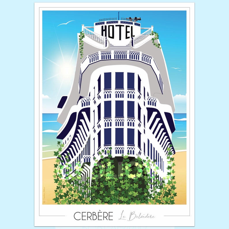 May include: A white and blue building with the word "HOTEL" on the top. The building is surrounded by green vines and is located on a beach with a blue sky and sun.