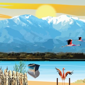May include: A scenic landscape painting featuring a snow-capped mountain range in the background, a blue lake in the foreground, and three pink flamingos flying in the sky. A small wooden boat is floating on the lake, and a single flamingo stands on a wooden fence.