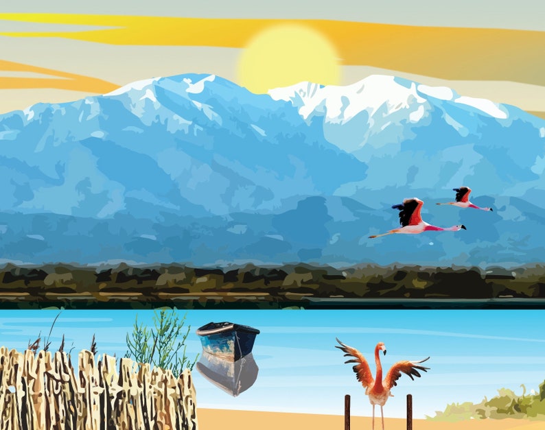 May include: A scenic landscape painting featuring a snow-capped mountain range in the background, a blue lake in the foreground, and three pink flamingos flying in the sky. A small wooden boat is floating on the lake, and a single flamingo stands on a wooden fence.