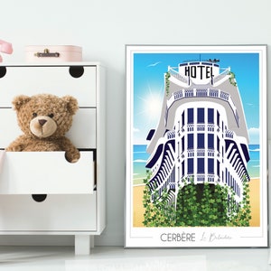 May include: A white building with blue accents and the word "HOTEL" on the roof. The building is surrounded by green vines and is set against a blue sky with a bright sun. The text "CERB&Egrave;RE Le Belv&eacute;d&egrave;re" is at the bottom of the image.