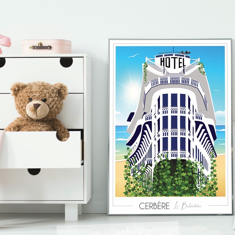 May include: A white building with blue accents and the word "HOTEL" on the roof. The building is surrounded by green vines and is set against a blue sky with a bright sun. The text "CERB&Egrave;RE Le Belv&eacute;d&egrave;re" is at the bottom of the image.