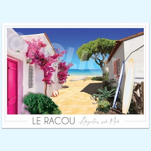 Könnte beinhalten: Eine Postkarte mit einer bunten Illustration eines weißen Gebäudes mit einer rosafarbenen Tür, einer Strandszene und dem Text "LE RACOU Argelès sur Mer".