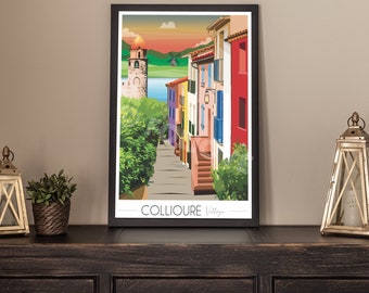 Affiche voyage Collioure Village • Illustration • Travel Poster • Art Deco • Pyrenees Orientales • Poster ville • Décoration murale • Art