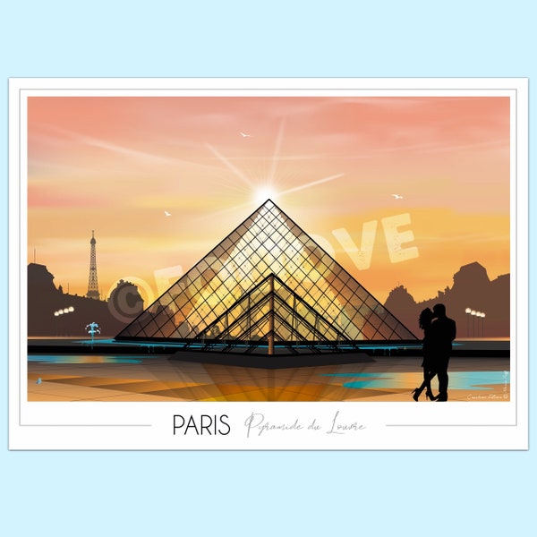 Affiche Paris Louvre • Pyramide du Louvre • Paris 2024 • Romantisme • Poster XXL • Poster dessiné et imprimé en France • Travel Poster