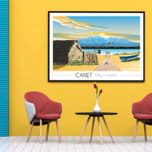 May include: A framed illustration of a village with a hut, a wooden pier, and a boat. The illustration is titled "CANET Village de pecheurs".