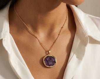Ruwe amethist kristallen hanger ketting, 18k verguld, februari geboortesteen sieraden