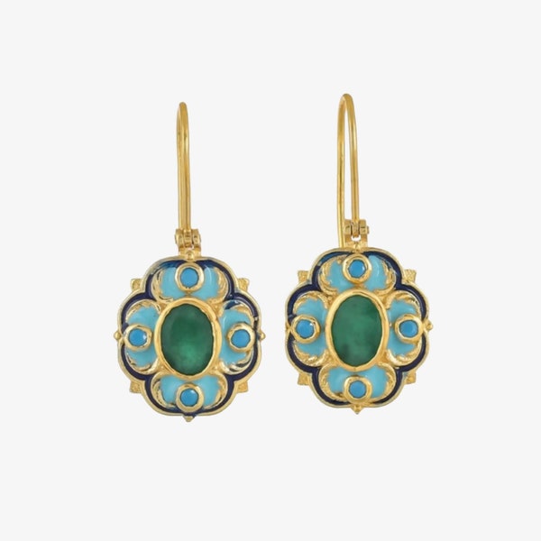 Emerald, turquoise enamel Indian vermeil gold handmade earrings semi precious gemstone Demi fine jewellery
