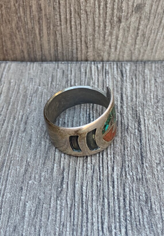 Turquoise And  Coral NatIve American Silver Ring - image 4