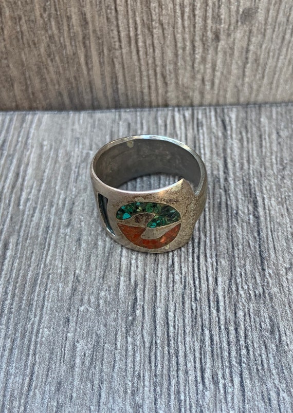 Turquoise And  Coral NatIve American Silver Ring - image 2