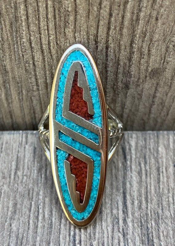 Turquoise And Coral Native American Ring