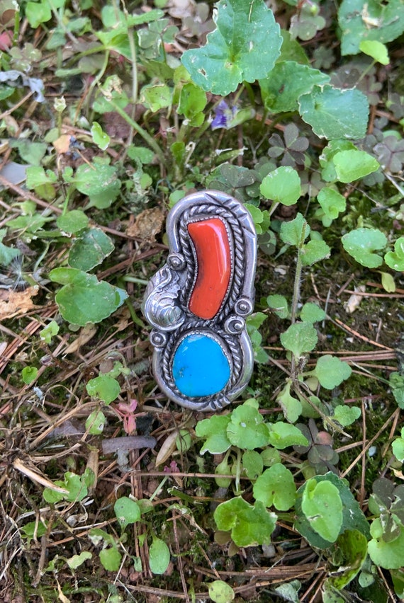 Native American Silver Coral And Turquoise Ring - image 6