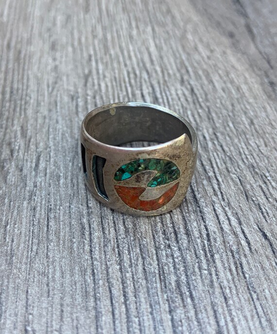 Turquoise And  Coral NatIve American Silver Ring - image 6