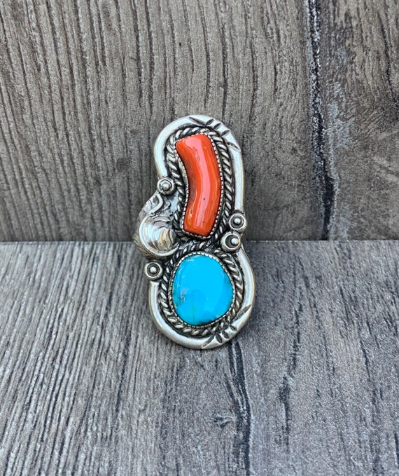 Native American Silver Coral And Turquoise Ring - image 1