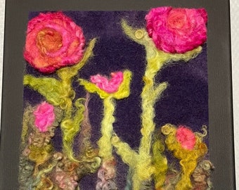 Felted Wool Painting, Pink Flowers Felted Painting, Wool Painting with Pink Flowers, Original Handmade Felted Wool Painting, OOAK