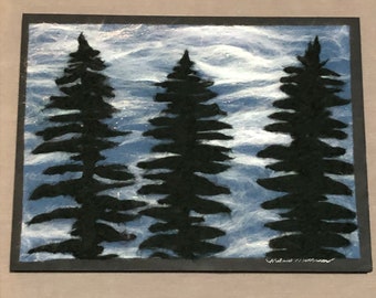 Lone White Pine at Sunset Pine Series #3 a 7x14 Original Hand-felted Wool Painting handmade felted 100%  wool painting