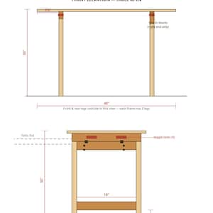 May include: A technical workshop plan for a folding table, featuring front and side elevation diagrams with imperial measurements. The document includes labels for spacer blocks, toggle locks, and dimensions such as 30 inches, 48 inches, and 24 inches.
