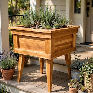 Può includere: Una fioriera quadrata in legno rialzata con quattro robuste gambe affusolate. Il legno color naturale presenta una venatura visibile e pannelli orizzontali. La fioriera è riempita con erbe verdi e piccoli fiori blu su un portico.