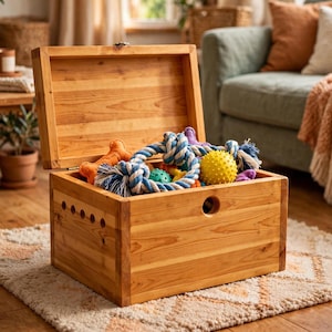 Peut inclure: Un coffre de rangement rectangulaire en bois avec un couvercle ouvert, présentant une finition en grain de bois naturel et une découpe circulaire sur le panneau avant. Le coffre est rempli de divers jouets, dont une corde bleue et blanche.
