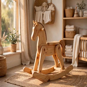 May include: A light-colored wooden rocking horse with a smooth finish, featuring a curved rocker base, a simple saddle seat, and a rope mane. The horse is constructed from natural wood planks with visible grain, standing on a round woven rug.