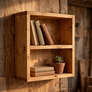 May include: A square wooden wall shelf with two horizontal tiers. The top shelf holds three upright books with tan, olive green, and brown covers. The bottom shelf holds two stacked tan books and a small potted succulent in a terracotta pot.