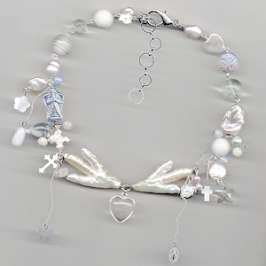 heaven sent necklace - handmade beaded freshwater keshi pearl lampwork, butterfly aesthetic coquette opal star cross heart charm jewelry