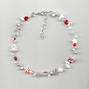 poison mushroom necklace - handmade beaded freshwater pearl, aesthetic red cottagecore butterfly heart flower star jewelry