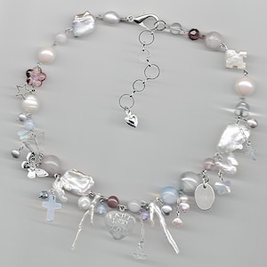 fade into you necklace - mazzy star handmade beaded freshwater pearl glass, crystal cross aesthetic coquette star opal heart charm jewelry