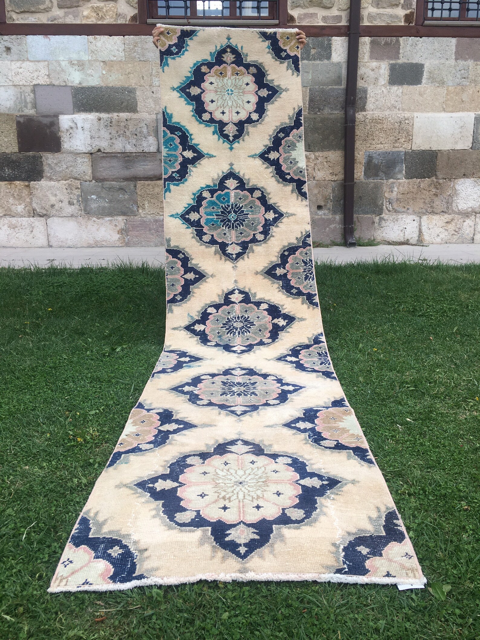 Vintage Wool Runner Rug Hallway White Navy Blue Rug Runner Etsy