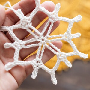 Può includere: Un ornamento a forma di fiocco di neve bianco lavorato a uncinetto con un design delicato e intricato.