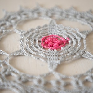 Silver gray and pink crochet doily, Libena