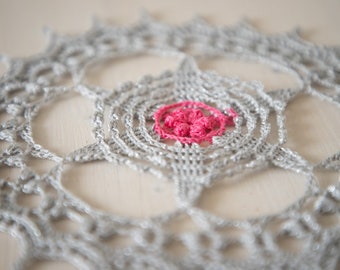 Silver gray and pink crochet doily, Libena