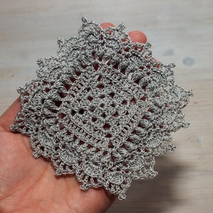 Silver gray crochet doily, 11 x 11 cm