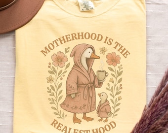 Funny Mom Shirt Comfort Colors, Silly Mom Goose, Motherhood is the Realest Hood Tee, Mom Gift, Boho Retro Mama Shirt, Mothers Day T-Shirt