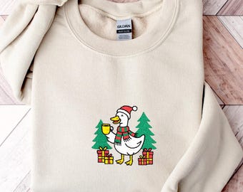 Embroidered Funny Christmas Sweatshirt, Silly Funny Goose Sweatshirt, Embroidered Christmas Gift, Jolly Goose Sweatshirt, Humorous Coffee
