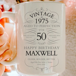 Personalized 50th Birthday Mug, Vintage 1975 Aged to Perfection, Gift for Him or Her, Celebrate Milestone Occasion, Custom Coffee Cup