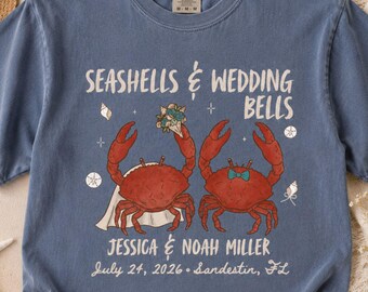 Seashells & Wedding Bells, Wedding Tshirt Toss, Personalized Coastal Wedding Shirt, Beach Destination Wedding Tee, Crab Wedding Shirt