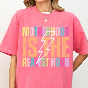 Funny Mom Shirt, Motherhood is the Realest Hood Tee, Comfort Colors Mom Gift, Retro Vintage Mama Shirt, Christmas Gift for Mama