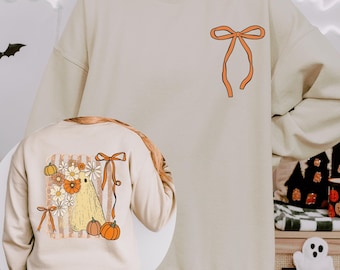 Coquette Ghost-sweater, leuke Halloween-sweater met ronde hals voor vrouwen, herfststriksweater, gezellige spooktrui, pompoenseizoenshirt