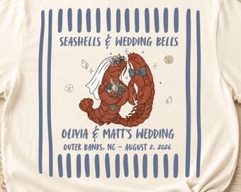 Wedding TShirt Toss Shirt, Seashells and Wedding Bells Tee, Coastal Lobster Wedding Guest Shirt, Custom Comfort Colors Beach Wedding Shirt