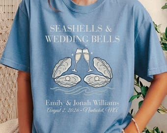 Seashells & Wedding Bells Shirt, Wedding Tshirt Toss, Coastal Wedding, Oyster Wedding Tee, Destination Wedding Shirt, Beach Weekend Party