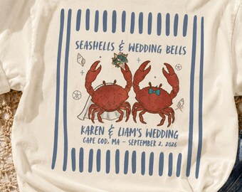 Wedding TShirt Toss Shirt, Seashells and Wedding Bells Tee, Coastal Crab Wedding Guest Shirt, Custom Comfort Colors Beach Wedding Shirt