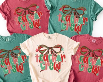 Christmas Teacher Crew Shirt, Matching Teacher Pajamas, Preppy Bow TShirt, Trendy Teacher Squad T-Shirt, Cute Teacher Top, Co-Worker Gift