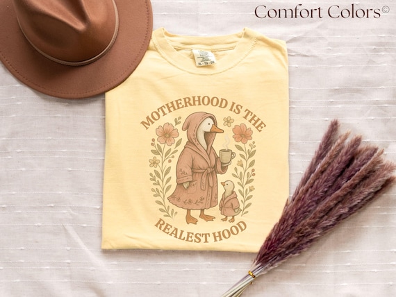 Funny Mom Shirt Comfort Colors, Silly Mom Goose, Motherhood is the Realest Hood Tee, Mom Gift, Boho Retro Mama Shirt, Mothers Day T-Shirt