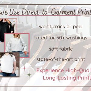 May include: An advertisement for direct-to-garment printing, featuring three t-shirts in black, gray, and white. The text highlights features like no cracking or peeling, durability for 50+ washes, soft fabric, and state-of-the-art printing for high-quality, long-lasting prints.