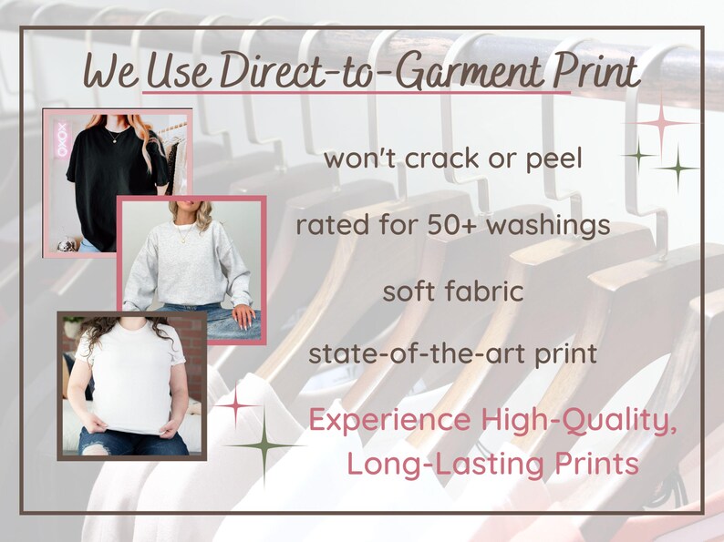 May include: An advertisement for direct-to-garment printing, featuring three t-shirts in black, gray, and white. The text highlights features like no cracking or peeling, durability for 50+ washes, soft fabric, and state-of-the-art printing for high-quality, long-lasting prints.