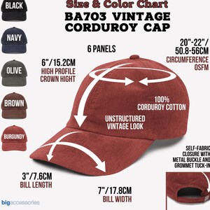 May include: A burgundy corduroy cap with a vintage look, featuring a 6-panel design. The cap has a 3-inch bill length, a 7-inch bill width, and a 6-inch high profile crown height. It is made of 100% corduroy cotton and has a self-fabric closure with a metal buckle.